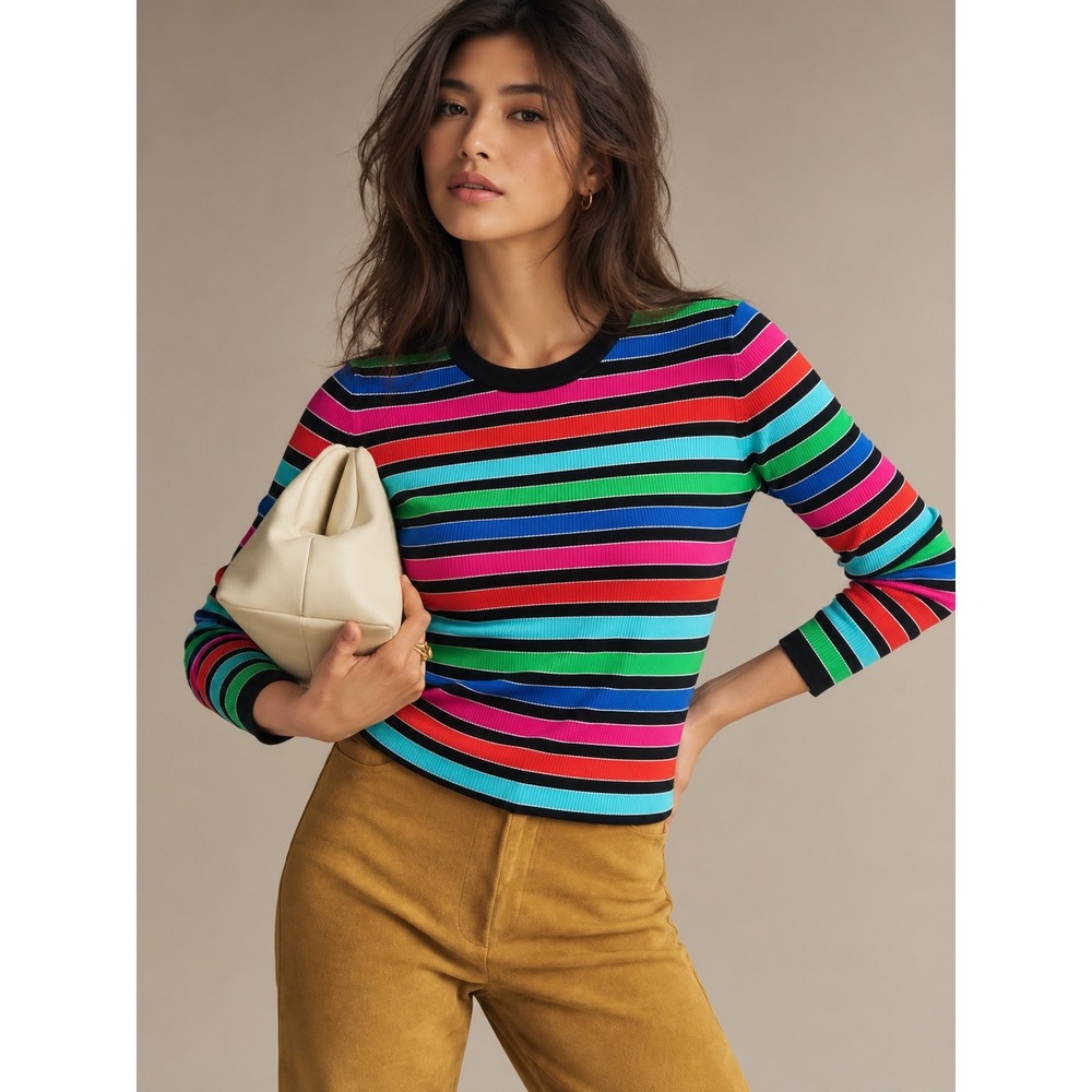Jones New York Signature Petite Multi Color Striped Ribbed Knit Sweater PL
